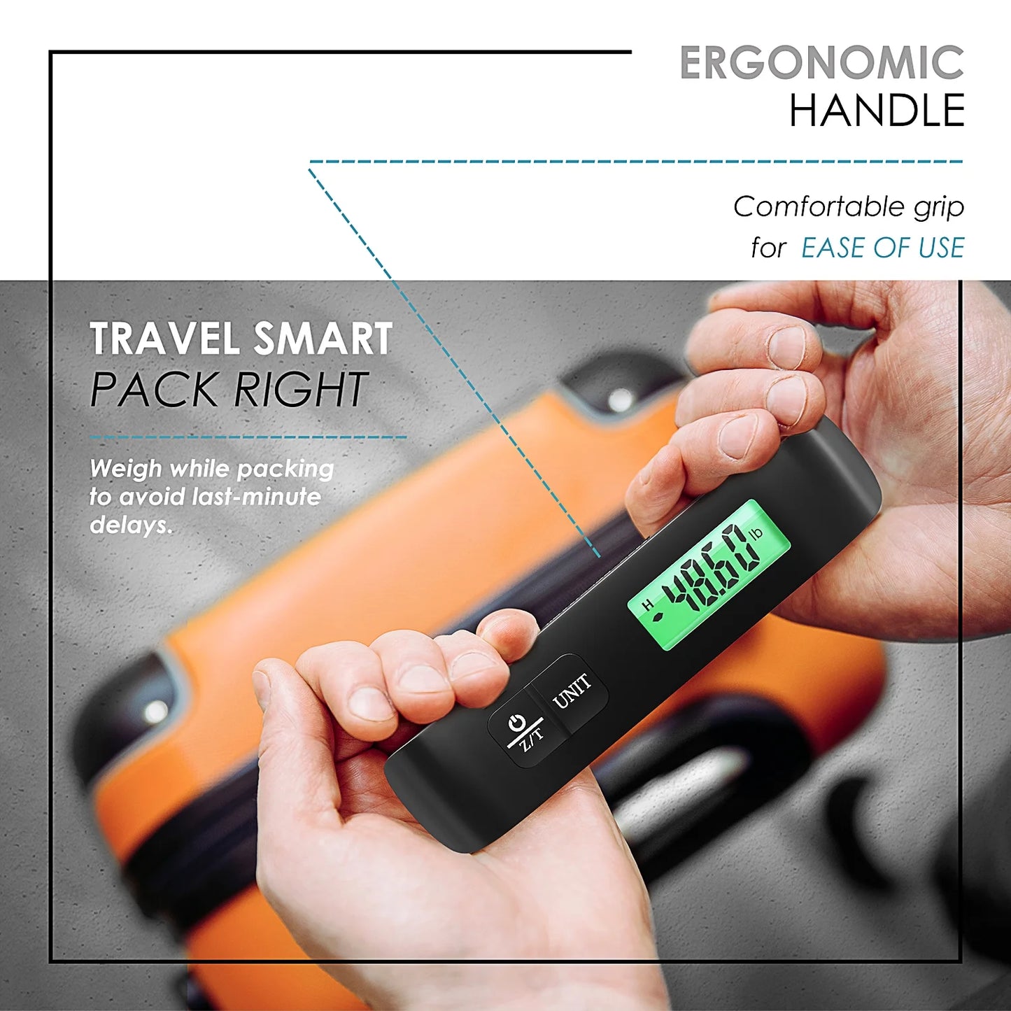 Portable Digital Luggage Scale for Suitcases, 110LB Capacity Handheld Baggage Scale with Hook, Overweight Alert, and White Backlight LCD Display, Battery Included