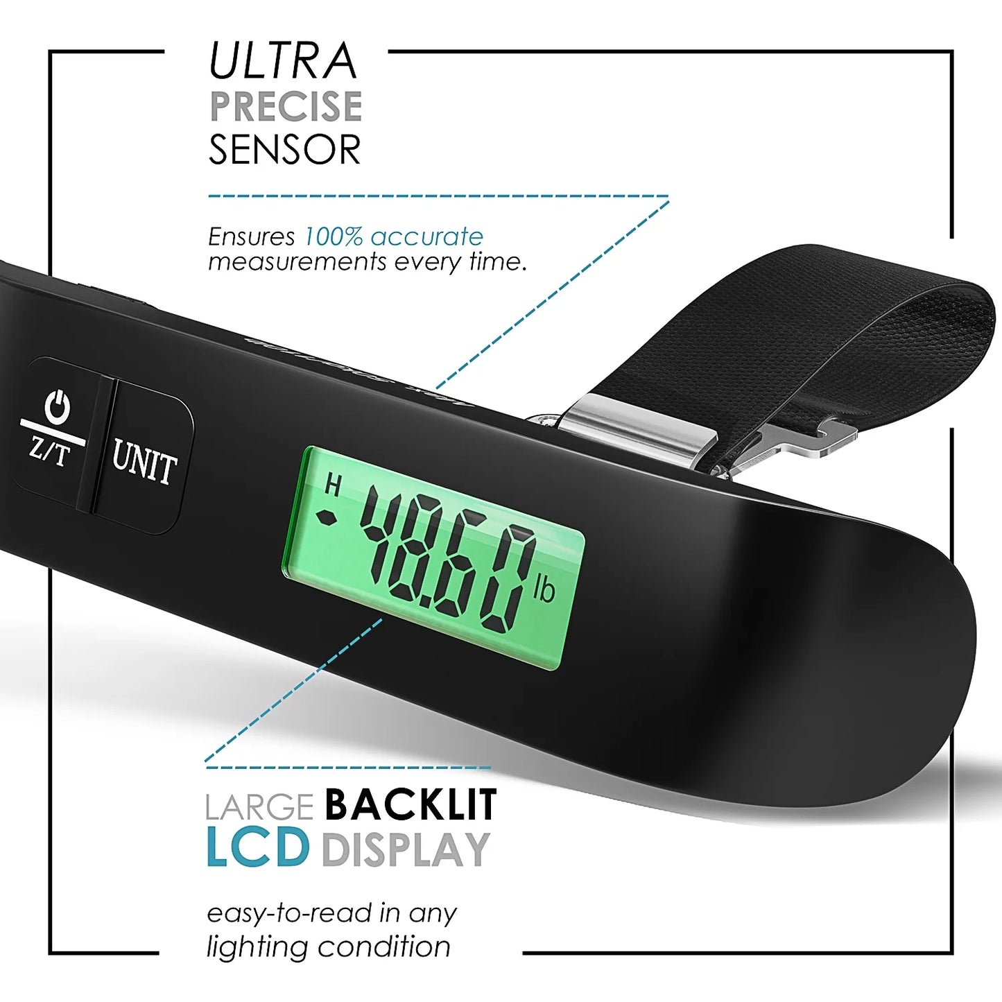 Portable Digital Luggage Scale for Suitcases, 110LB Capacity Handheld Baggage Scale with Hook, Overweight Alert, and White Backlight LCD Display, Battery Included