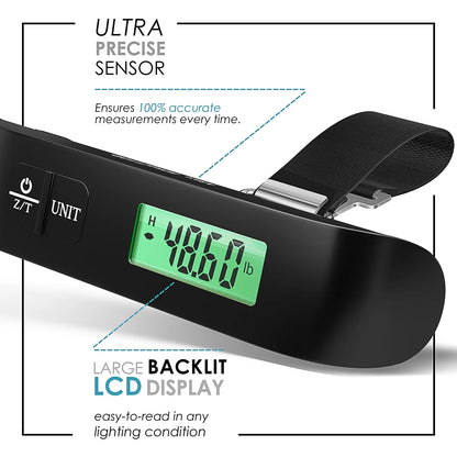 Portable Digital Luggage Scale for Suitcases, 110LB Capacity Handheld Baggage Scale with Hook, Overweight Alert, and White Backlight LCD Display, Battery Included