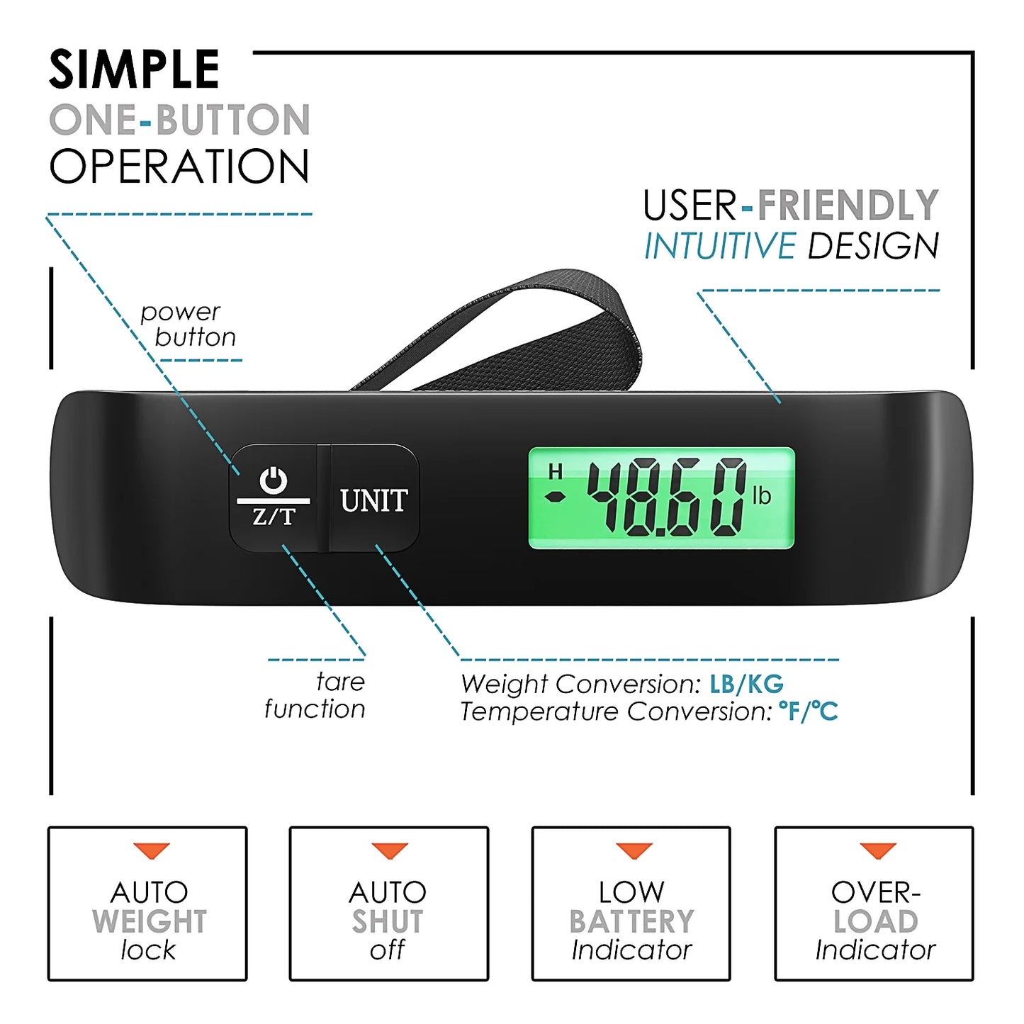 Portable Digital Luggage Scale for Suitcases, 110LB Capacity Handheld Baggage Scale with Hook, Overweight Alert, and White Backlight LCD Display, Battery Included