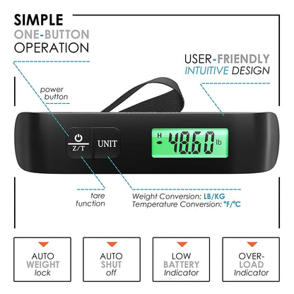 Portable Digital Luggage Scale for Suitcases, 110LB Capacity Handheld Baggage Scale with Hook, Overweight Alert, and White Backlight LCD Display, Battery Included
