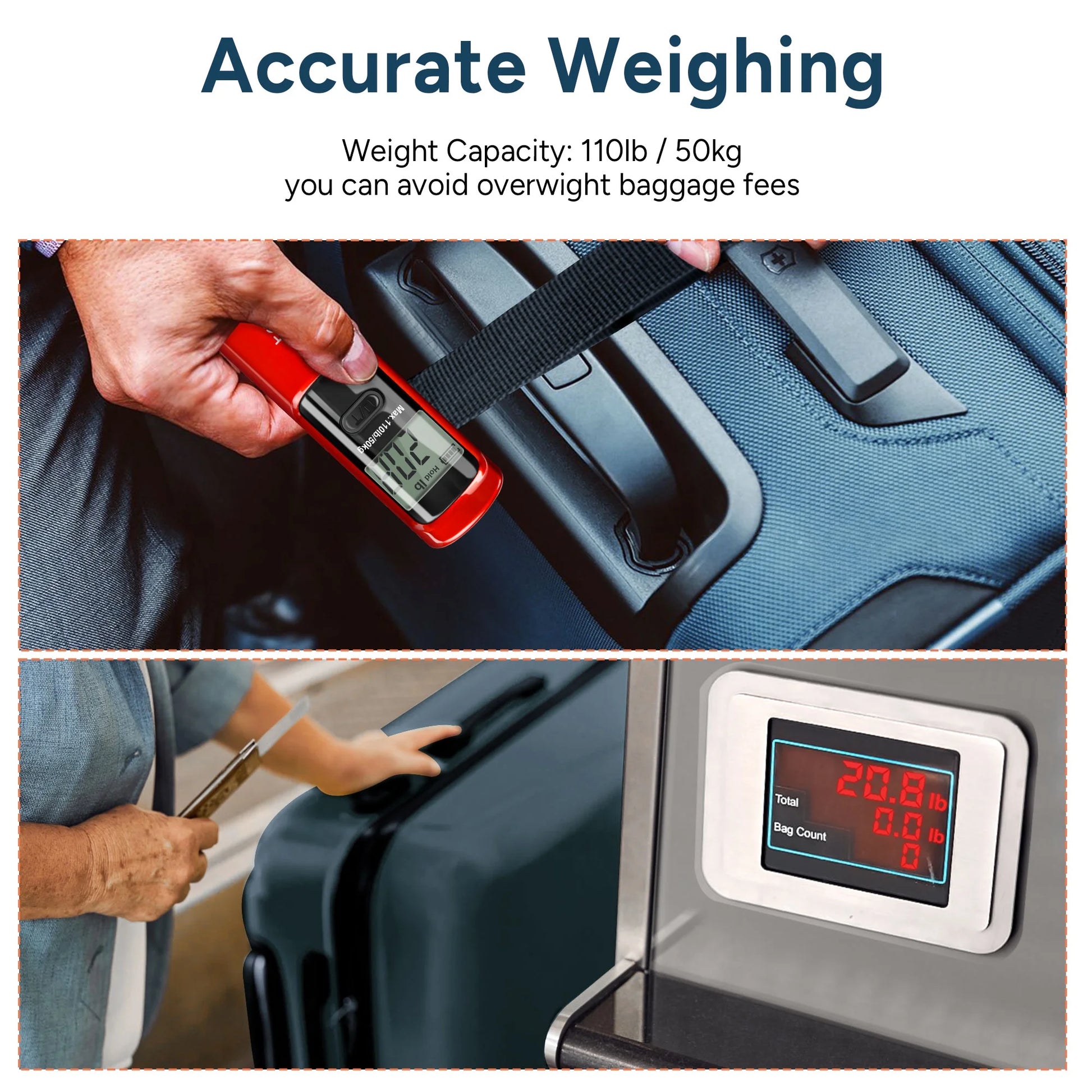 Portable Handheld Digital Luggage Scale - Battery-Free, Up to 110Lbs/50Kg (Red)