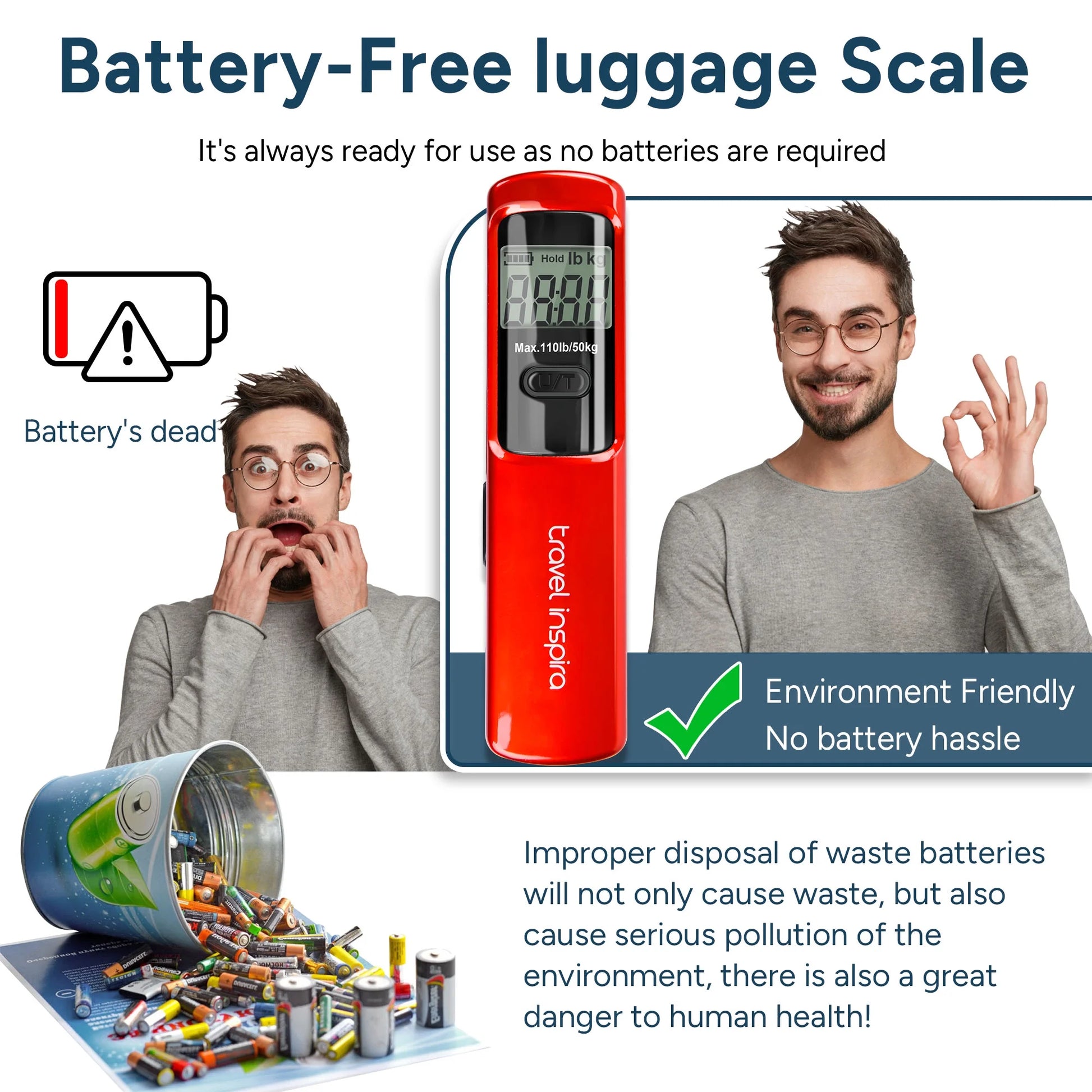 Portable Handheld Digital Luggage Scale - Battery-Free, Up to 110Lbs/50Kg (Red)