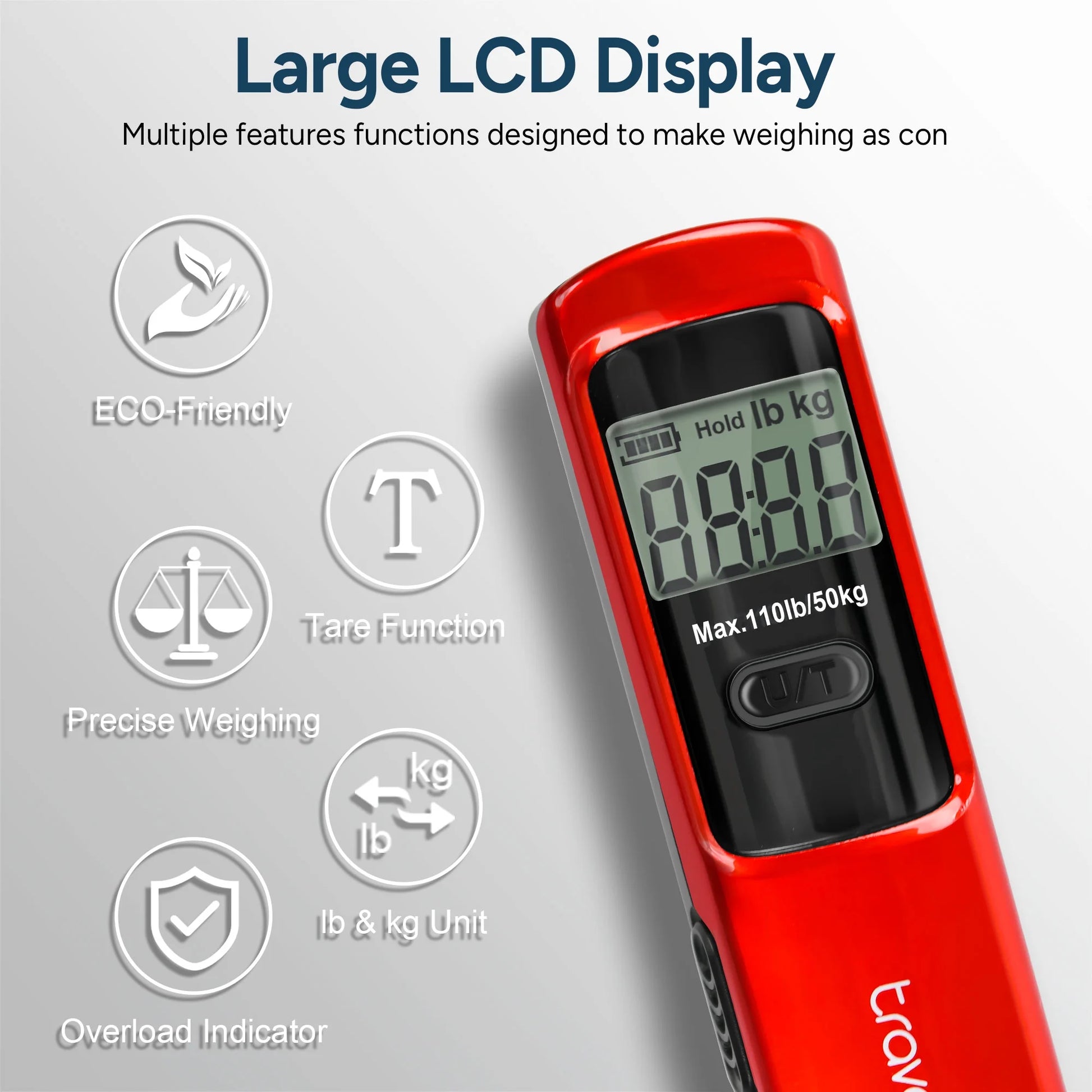 Portable Handheld Digital Luggage Scale - Battery-Free, Up to 110Lbs/50Kg (Red)