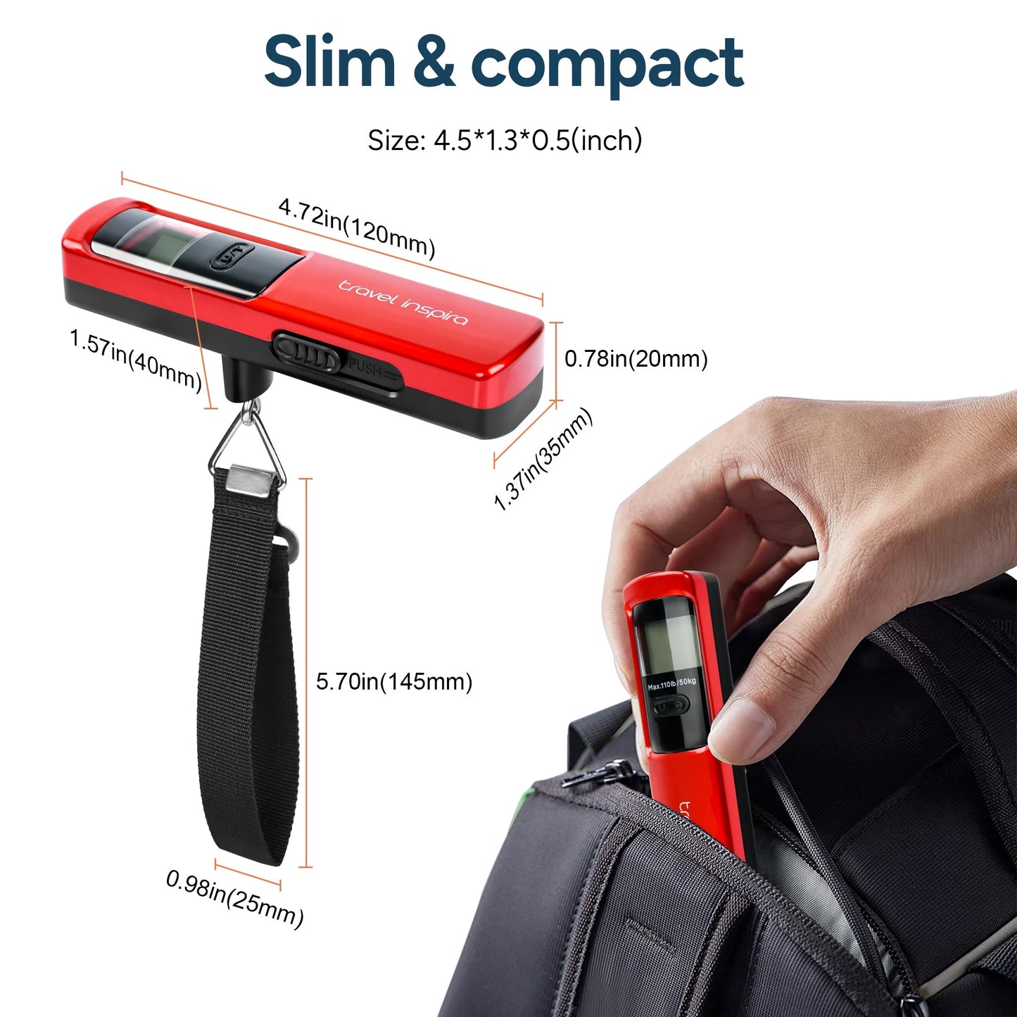Portable Handheld Digital Luggage Scale - Battery-Free, Up to 110Lbs/50Kg (Red)