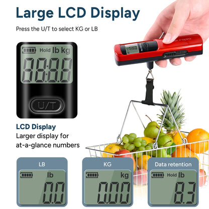 Portable Handheld Digital Luggage Scale - Battery-Free, Up to 110Lbs/50Kg (Red)